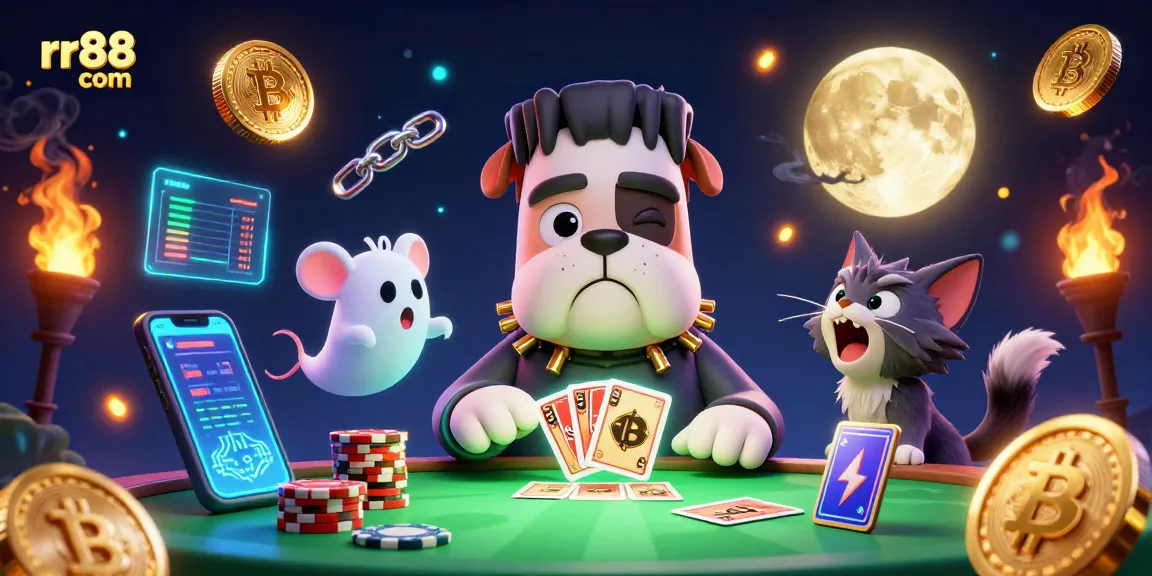 Experience RR88 com with a lively illustration of a Frankenstein bulldog dealer in a vibrant casino setting, showcasing thrilling gameplay.