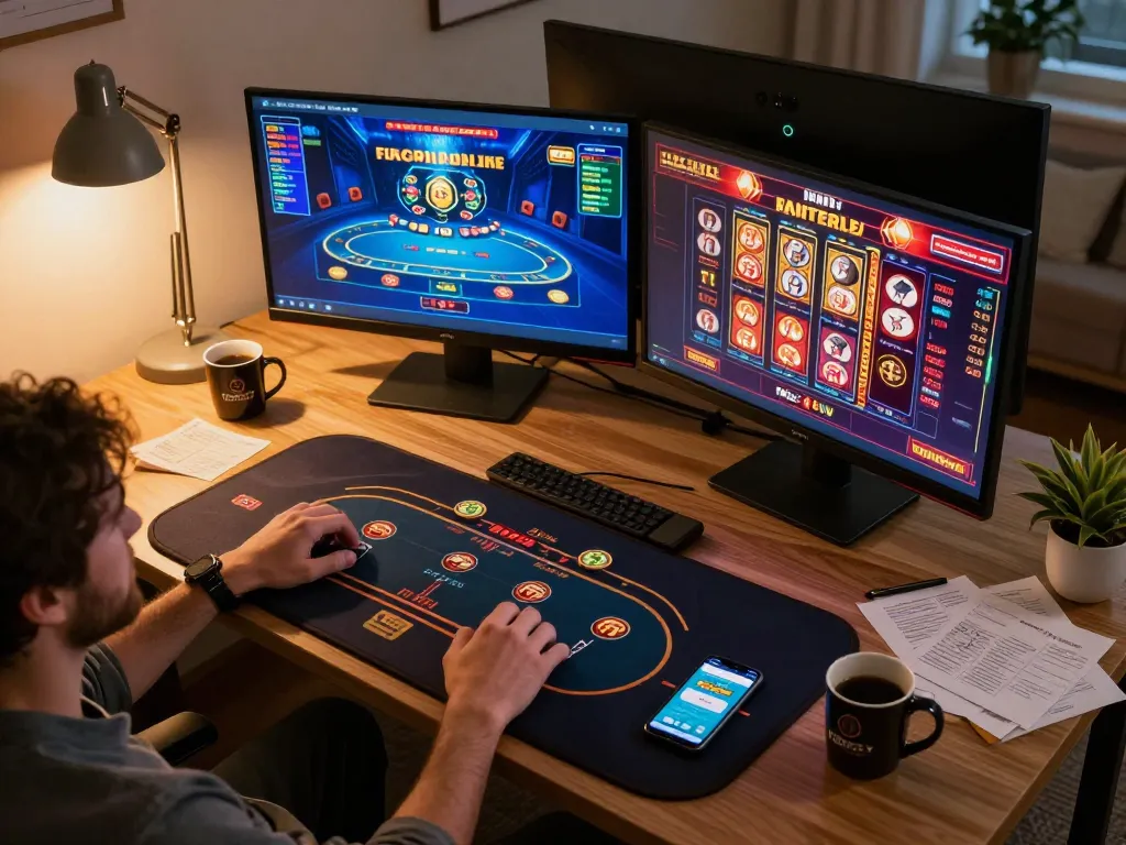 Person enjoying f8betlv online gaming on multiple screens in a cozy home office setting.