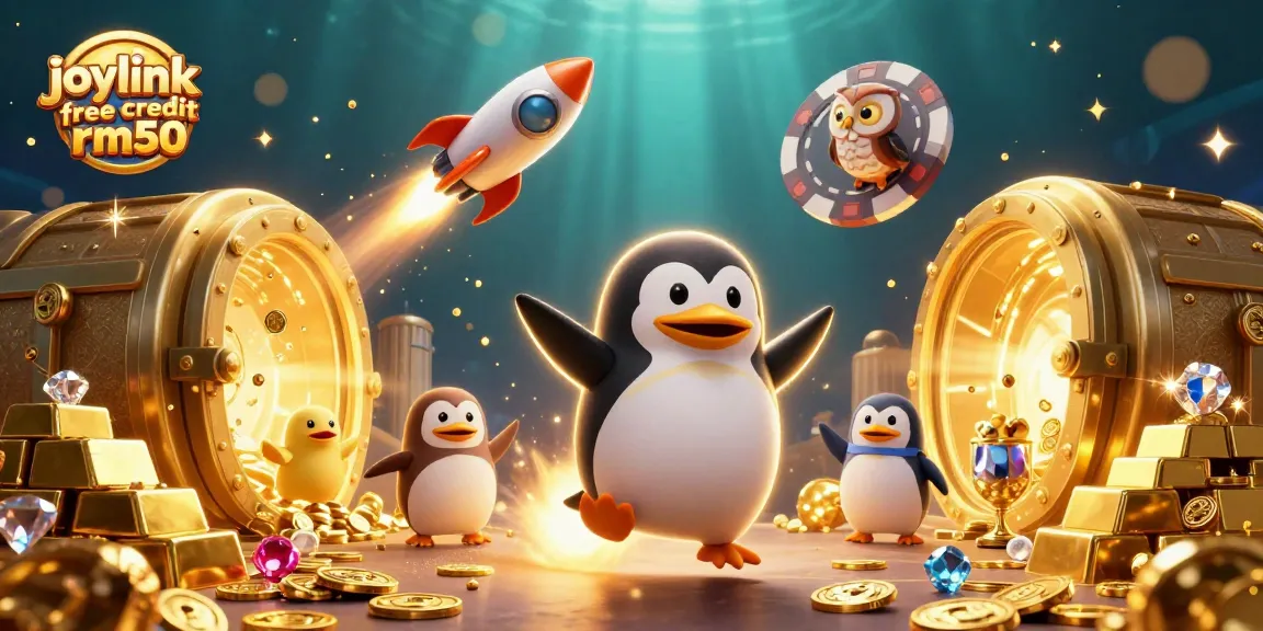 Experience the thrill of joylink free credit rm50 as the golden penguin sails through a vibrant casino galaxy.