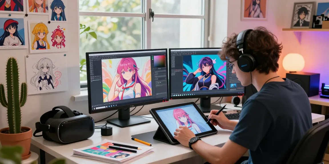 AI ecchi artist creating digital illustrations in a vibrant studio.