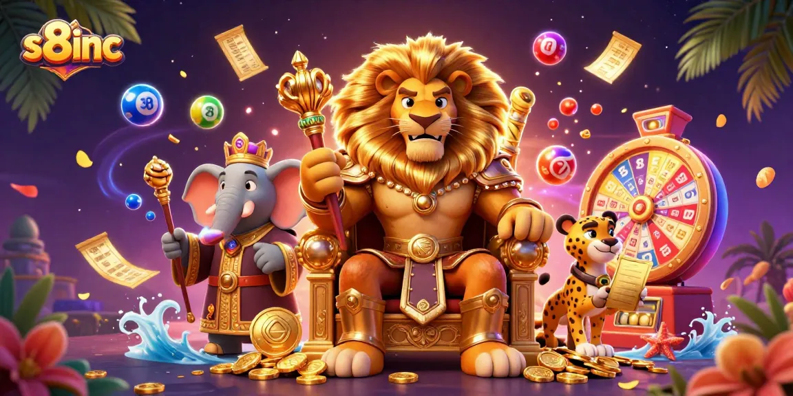 Join the excitement at s8inc with a colorful lottery and gaming spectacle featuring a majestic lion, wise elephant, and swift cheetah.