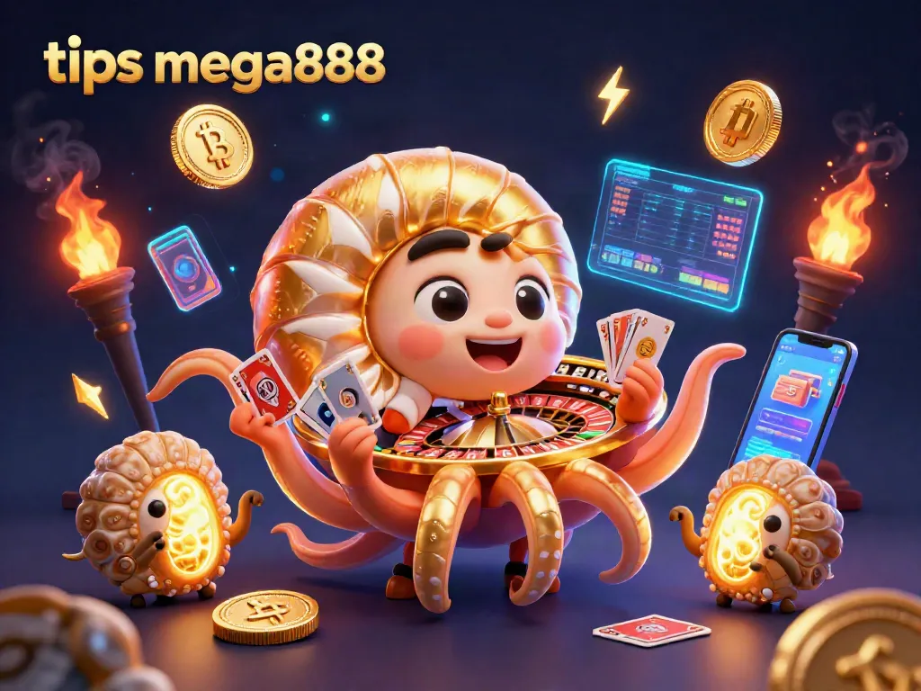 Winning strategies and tips mega888 illustrated in a vibrant 3D casino scene.
