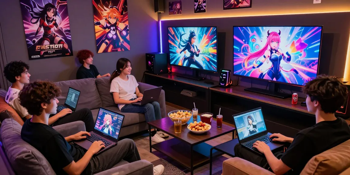 Friends enjoying hentaigame gaming session in a cozy lounge with vibrant atmosphere.