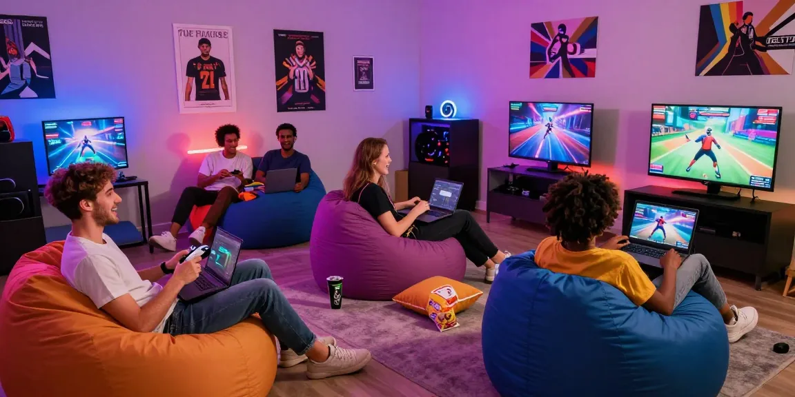 Excited players enjoying gay porn games in a colorful gaming space