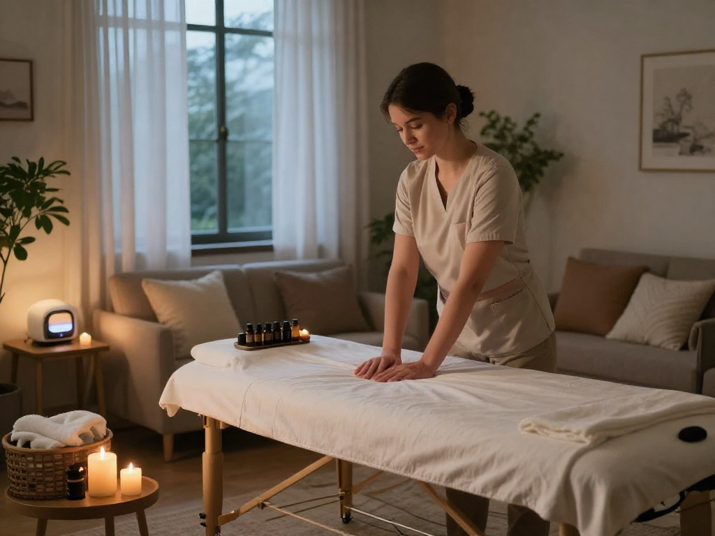 신림출장안마 therapist preparing a cozy home massage session with soothing ambiance and essential oils