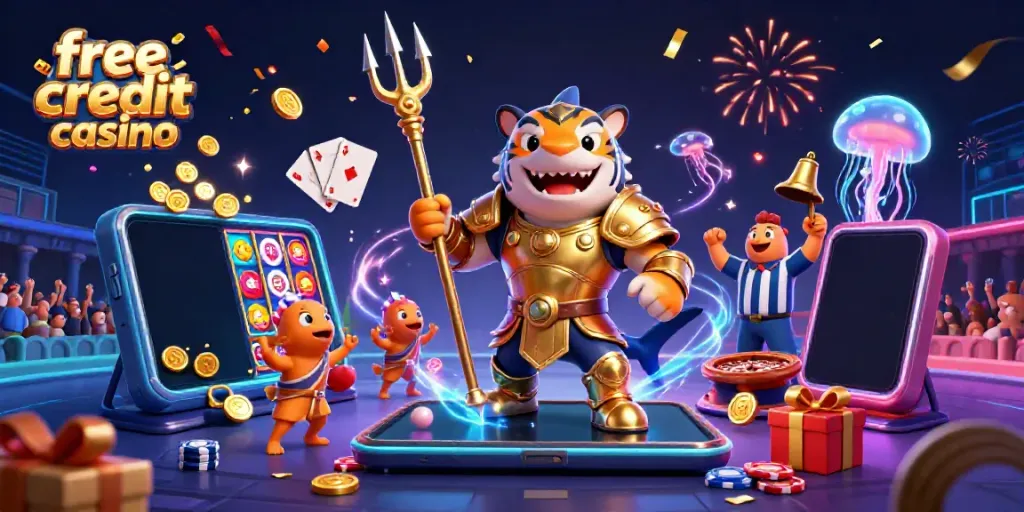 Engage in the excitement of free credit casino games featuring a powerful shark character amidst vibrant casino elements