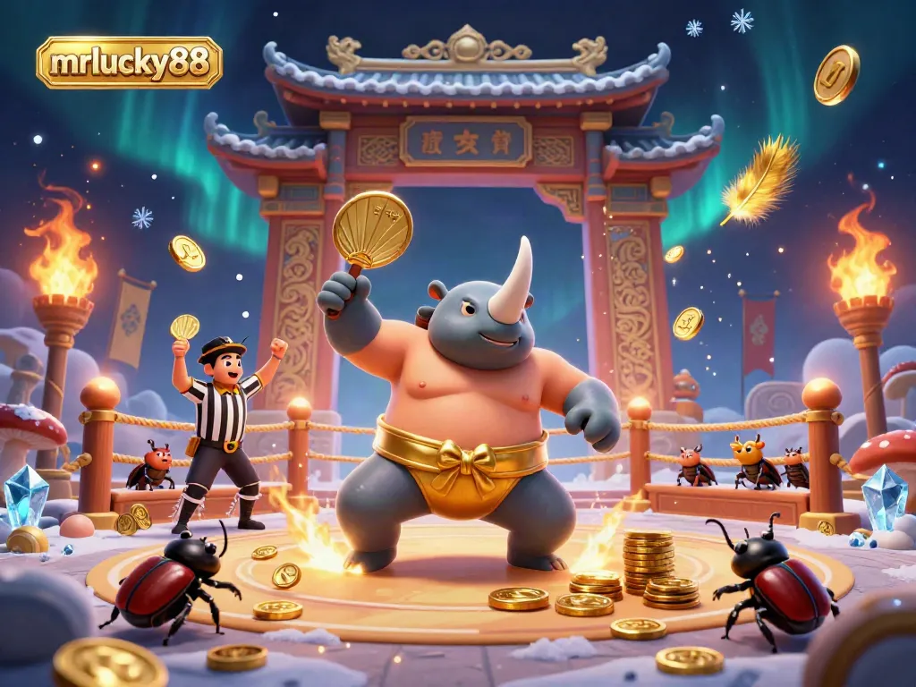 Experience thrilling action at MrLucky88 as a rhinoceros beetle champion commands the casino arena.