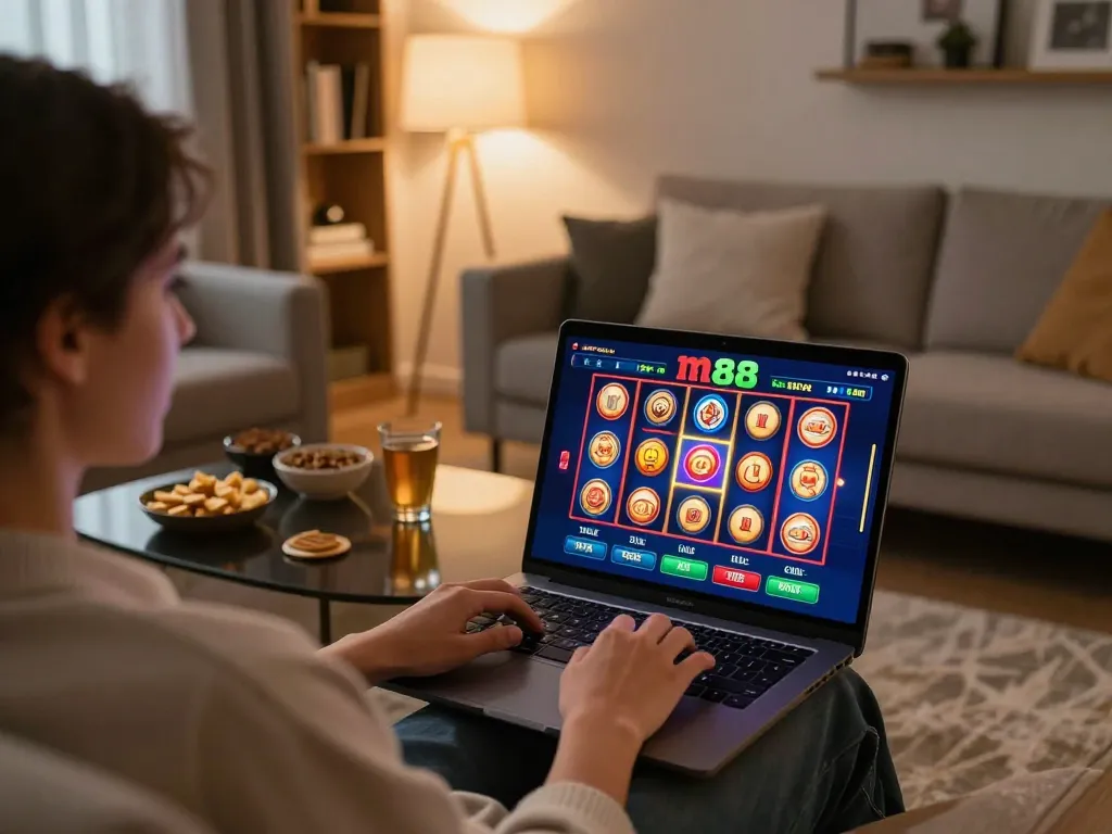 Engaging in m88 slot gameplay on a sleek laptop at home, showcasing a cozy gambling atmosphere