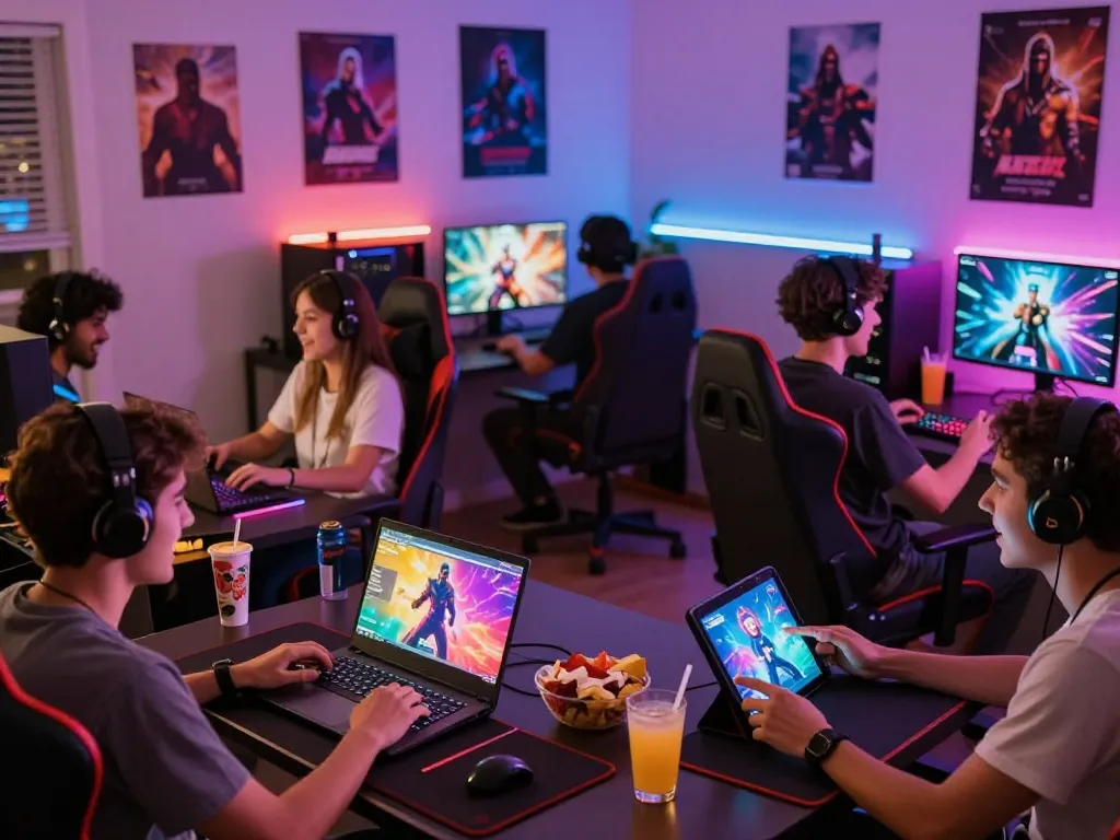 Gamers enjoying engaging gay porn games in a lively bedroom atmosphere.