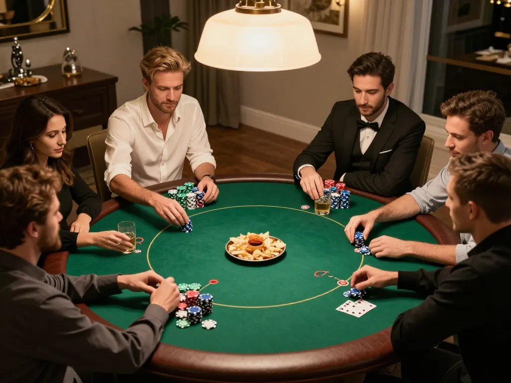CM88 poker night with friends playing cards and enjoying the warm atmosphere.