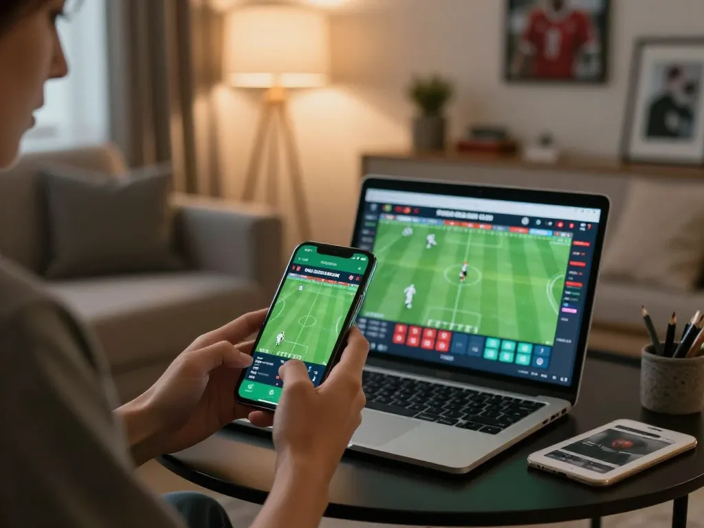 Monitor the tỷ lệ kèo nhà cái hôm nay through live betting on a smartphone in a cozy environment.