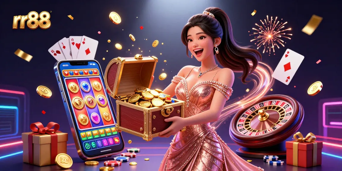 Experience the excitement at rr88 with a vibrant casino scene featuring golden treasures and dynamic gaming elements.