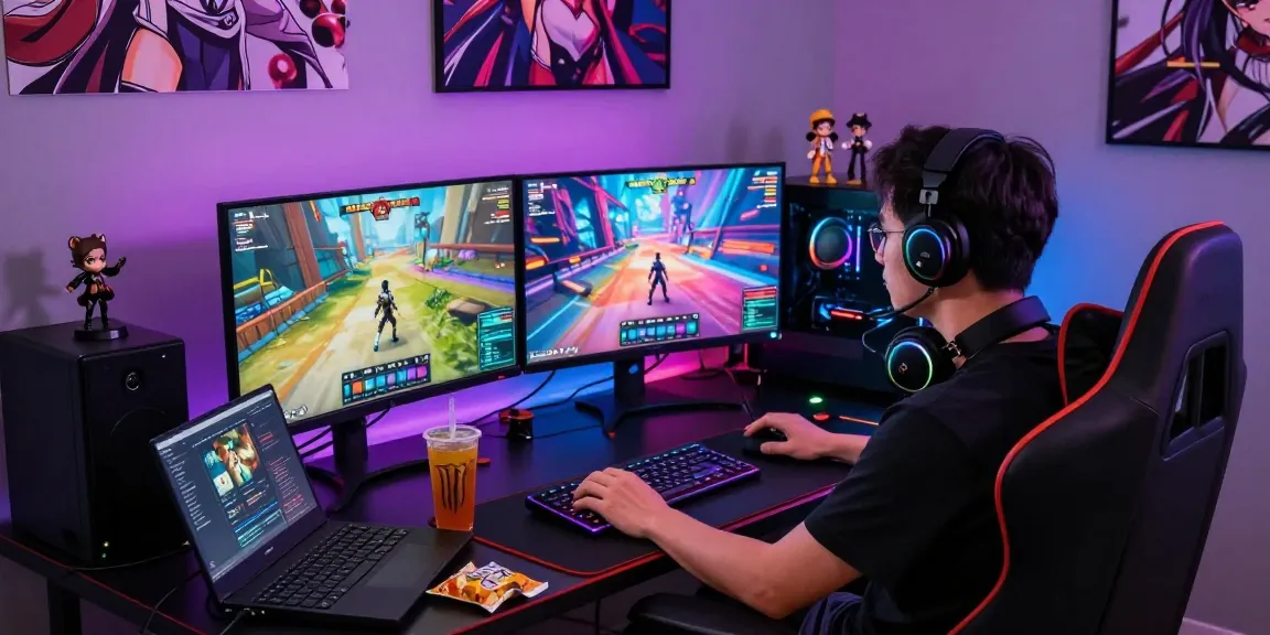 Engaging gamer enjoying nsfw apk games on dual monitors with vibrant visuals.