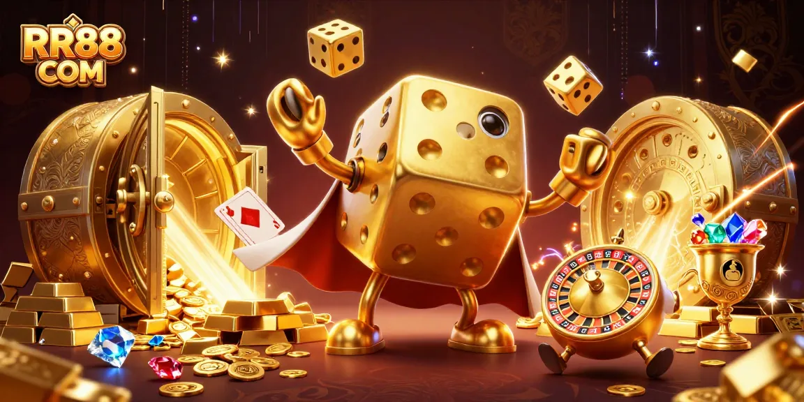 Win big with RR88 COM as the golden dice golem juggles rewards in a vibrant casino scene.